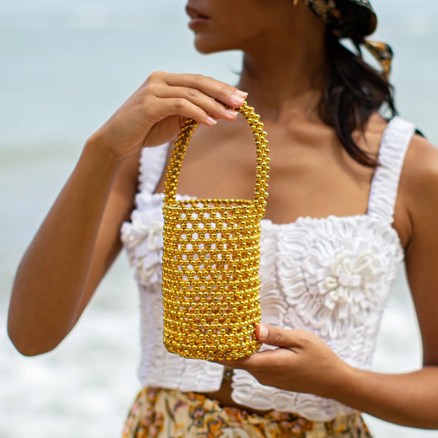 GOLDA Metallic Beads Bucket Bag In Gold - Image 2