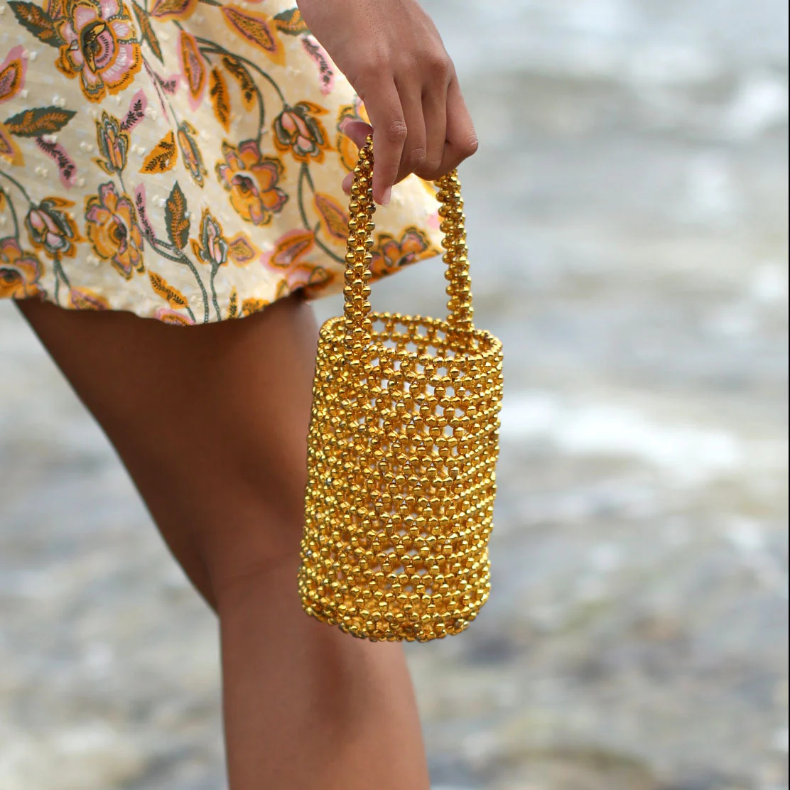 GOLDA Metallic Beads Bucket Bag In Gold - Image 3