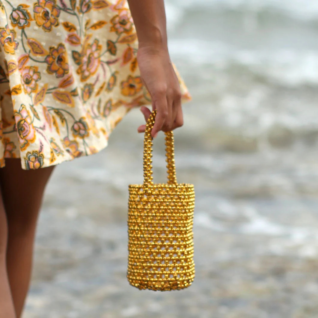 GOLDA Metallic Beads Bucket Bag In Gold - Image 5