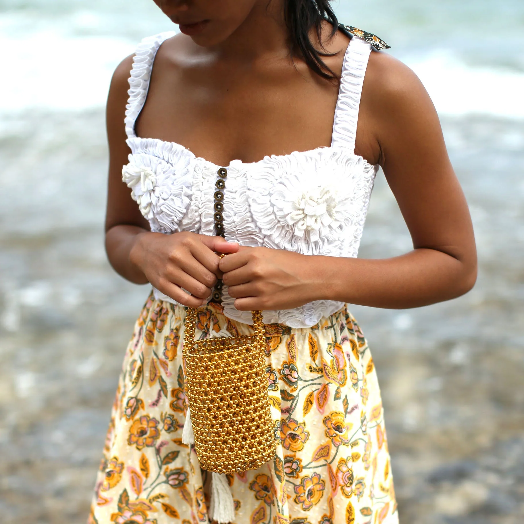 GOLDA Metallic Beads Bucket Bag In Gold - Image 6