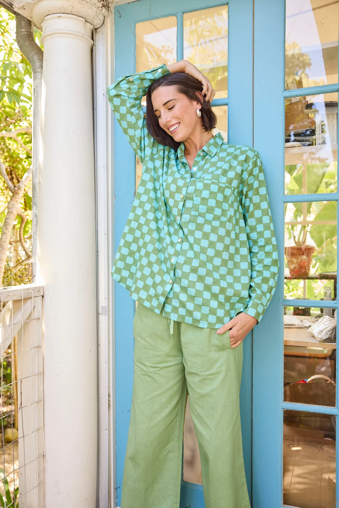 Good Boyfriend Shirt - Checkerboard Olive Oil with Glacier Blue Overdye - Image 13