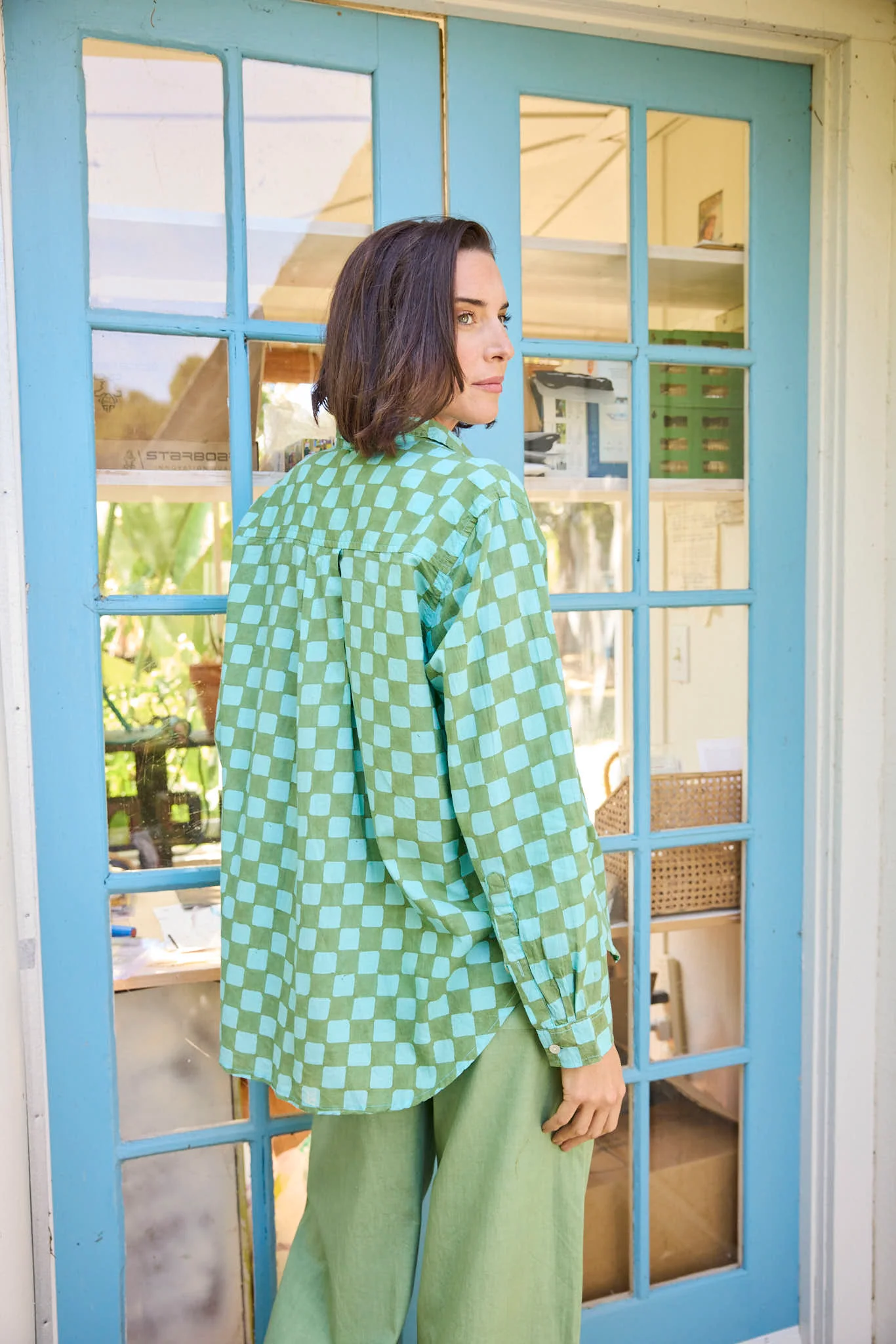 Good Boyfriend Shirt - Checkerboard Olive Oil with Glacier Blue Overdye - Image 15