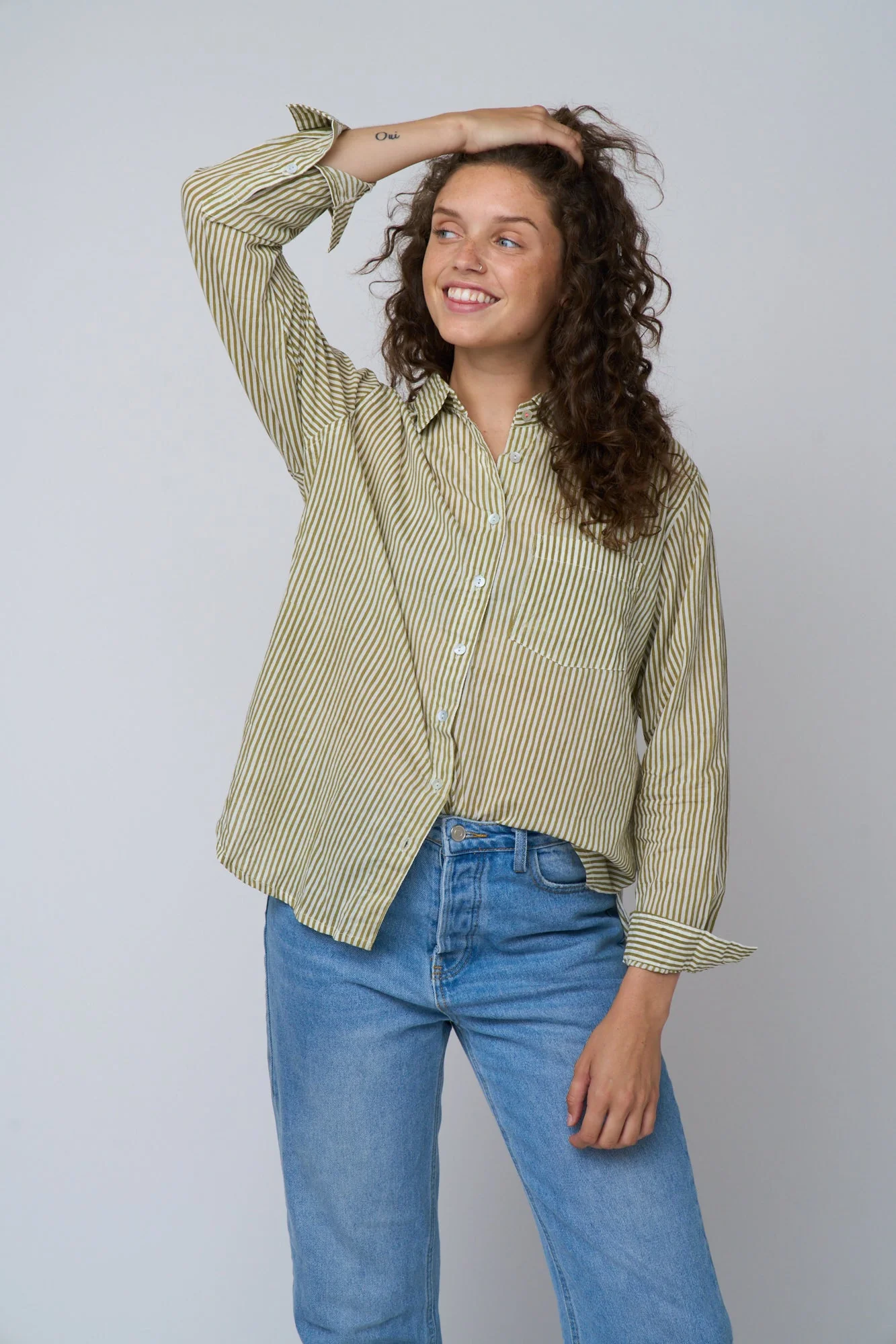 Good Boyfriend Shirt - Menswear Stripe Olive Oil - Image 10