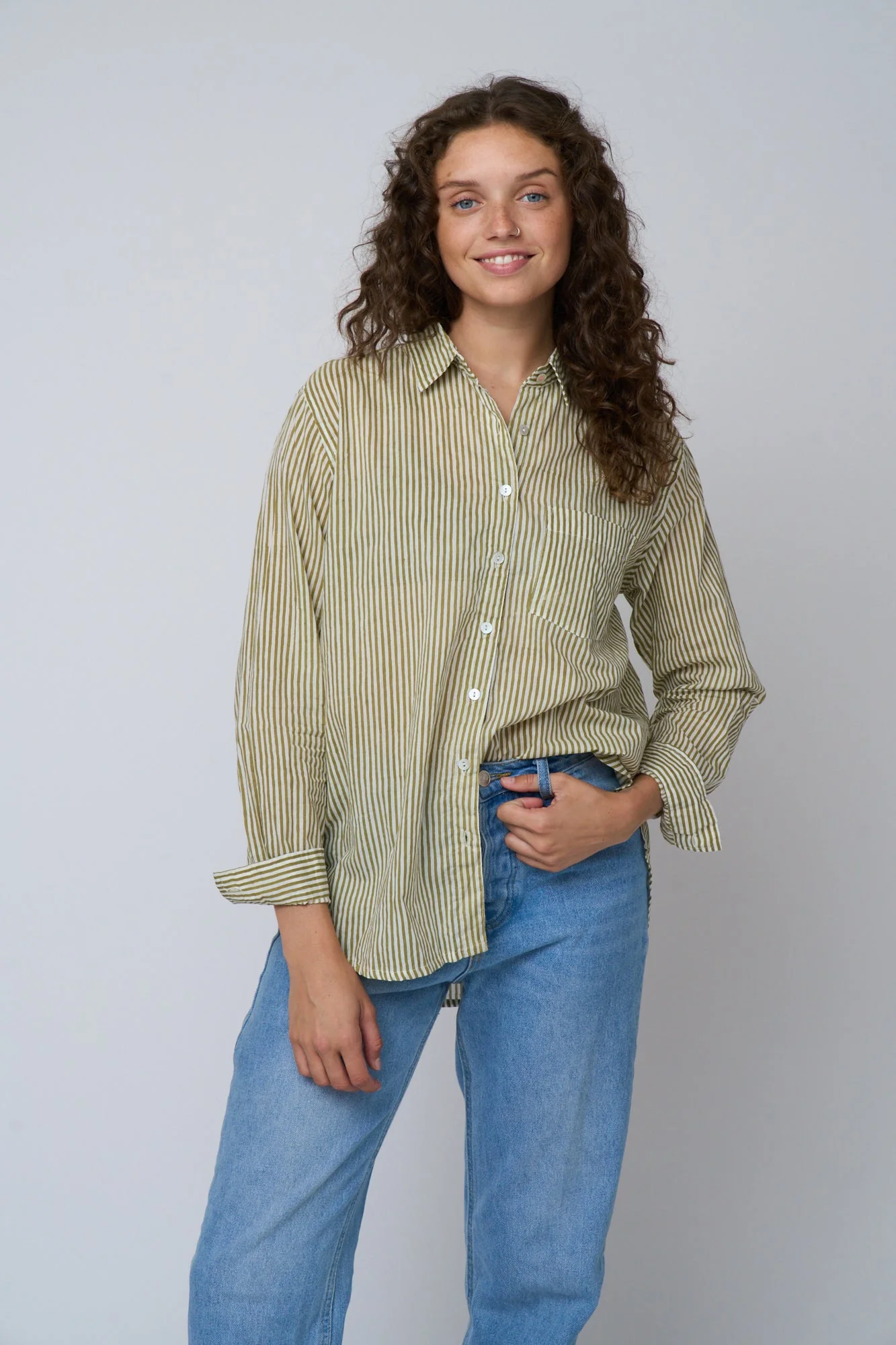 Good Boyfriend Shirt - Menswear Stripe Olive Oil - Image 11