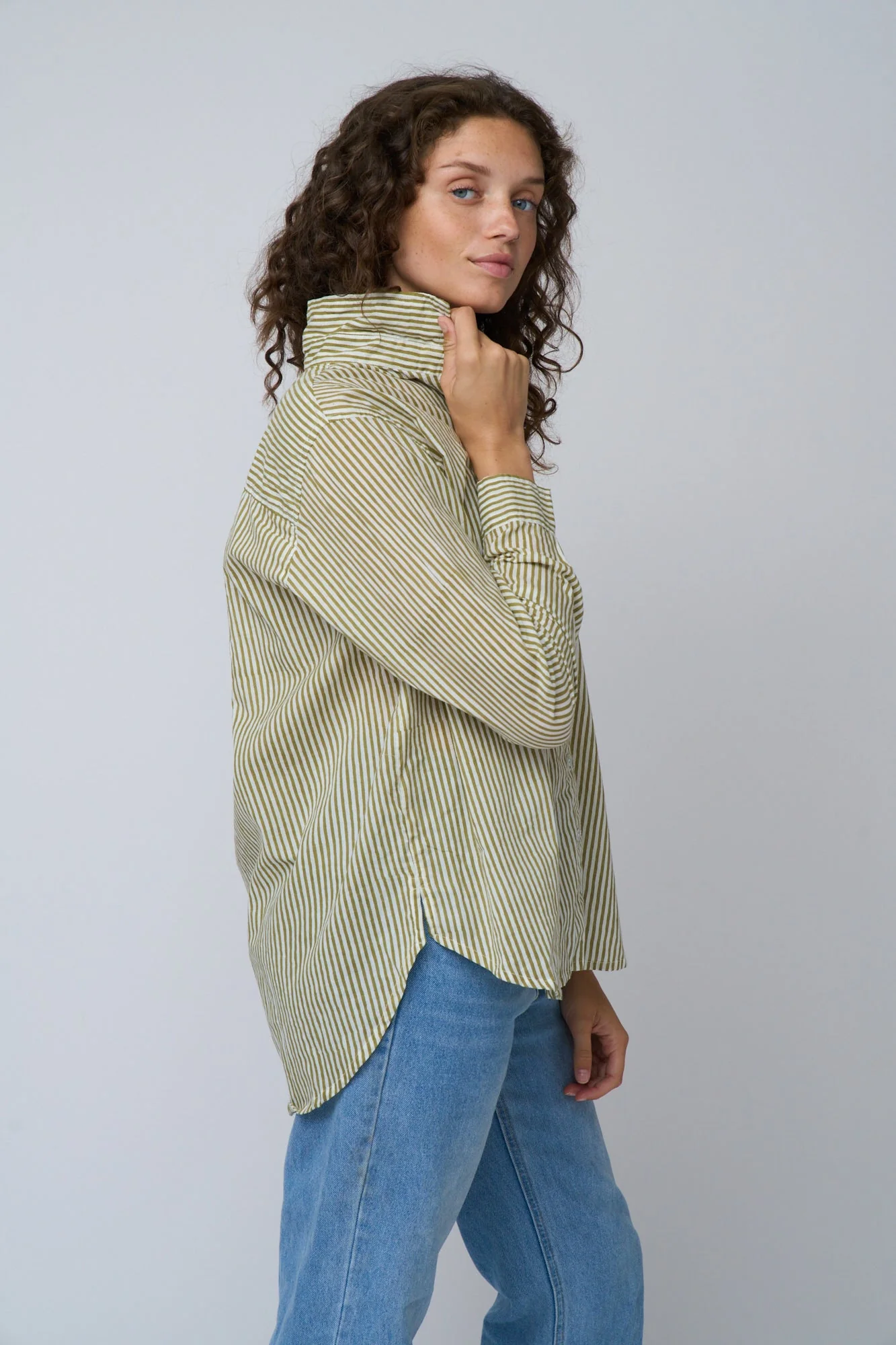 Good Boyfriend Shirt - Menswear Stripe Olive Oil - Image 12