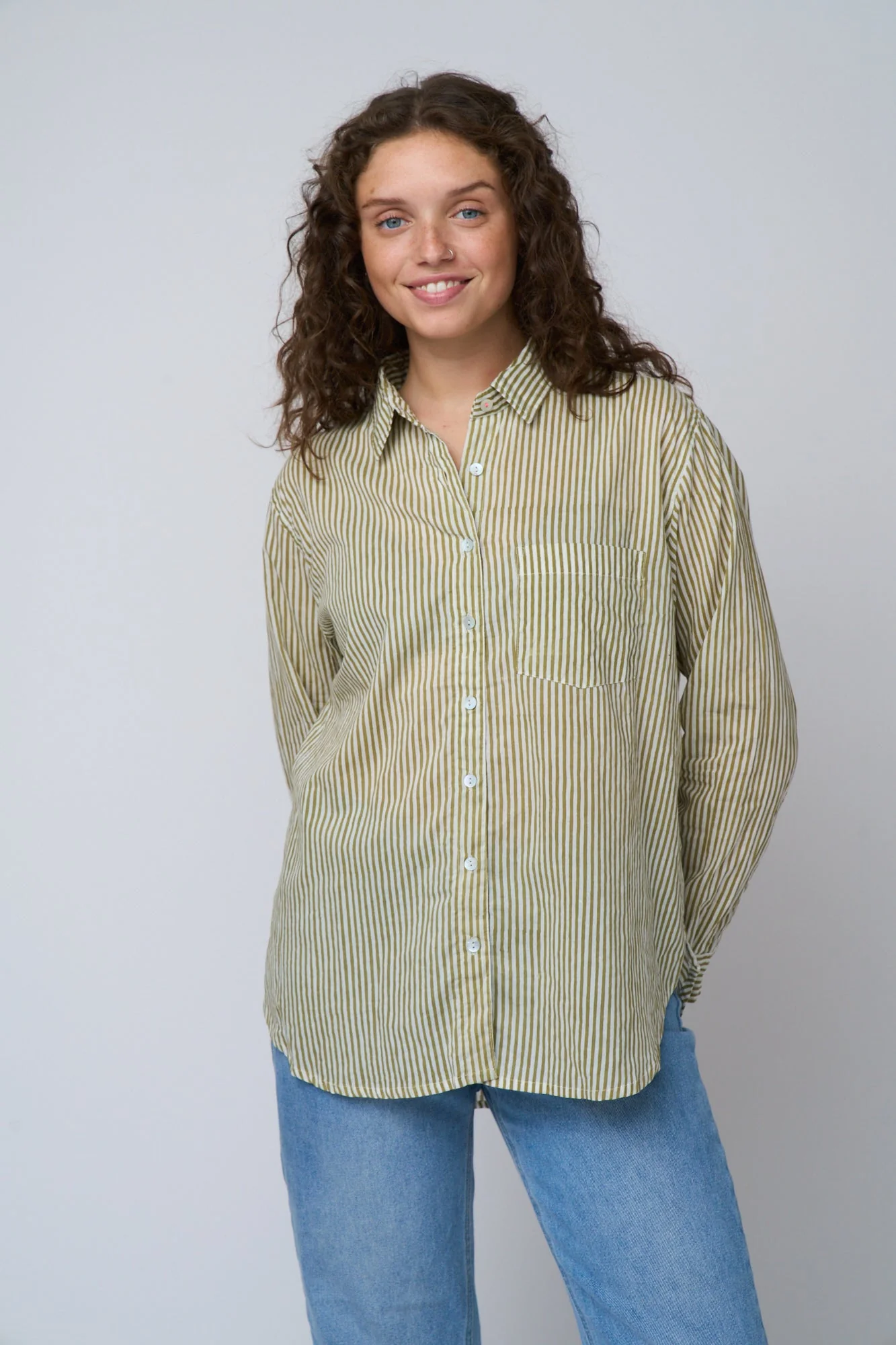 Good Boyfriend Shirt - Menswear Stripe Olive Oil - Image 14