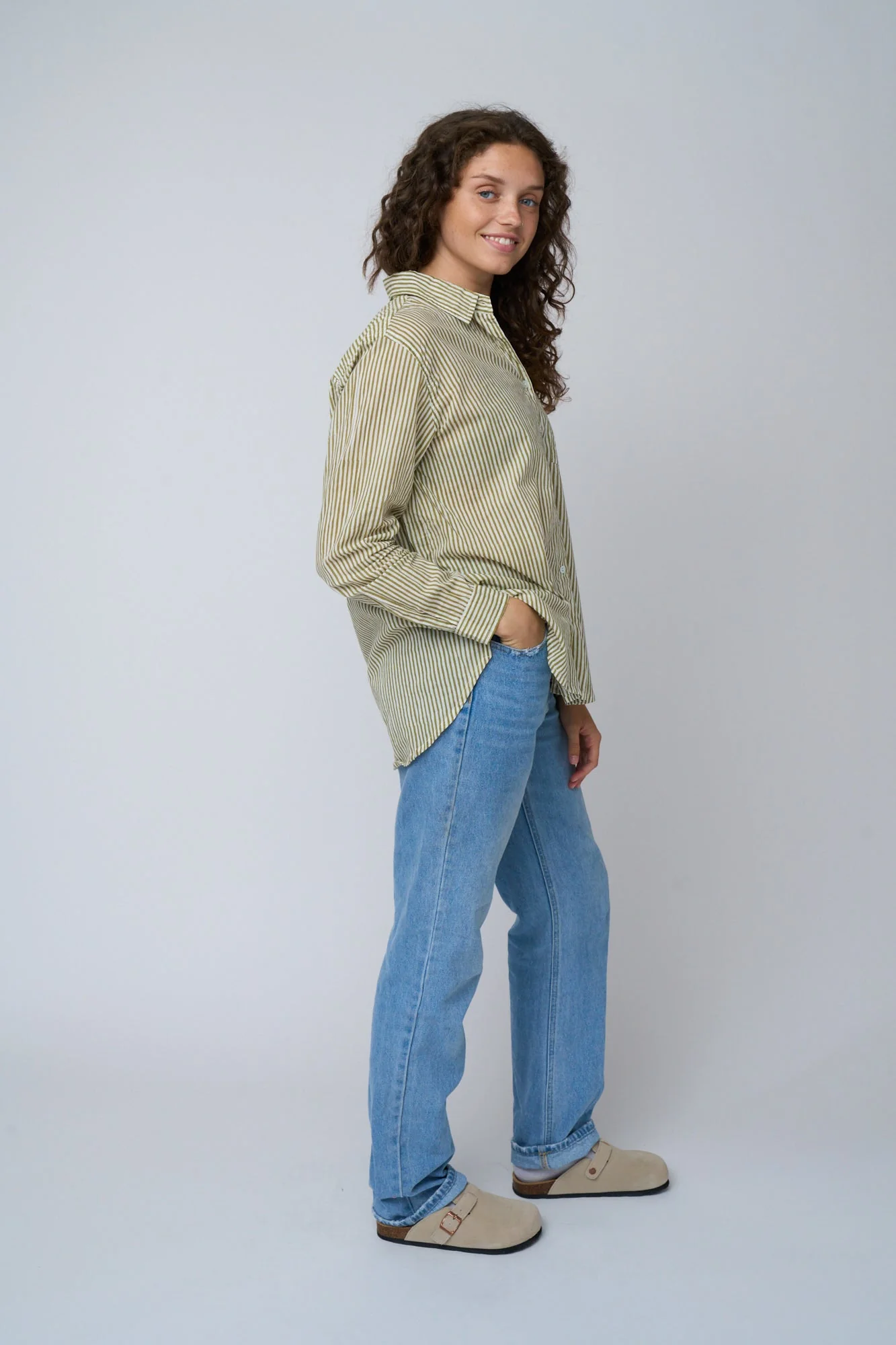 Good Boyfriend Shirt - Menswear Stripe Olive Oil - Image 15