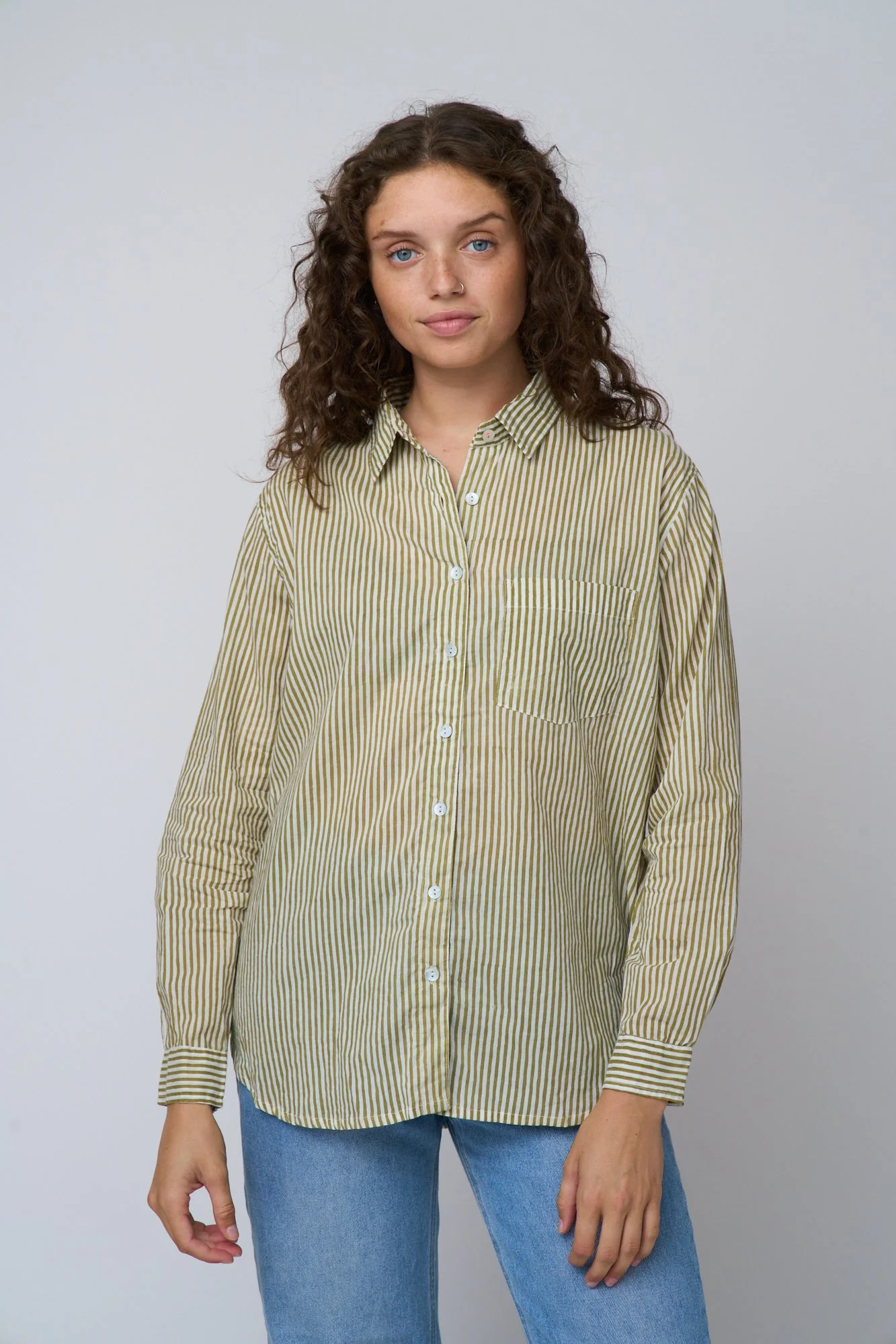 Good Boyfriend Shirt - Menswear Stripe Olive Oil - Image 16