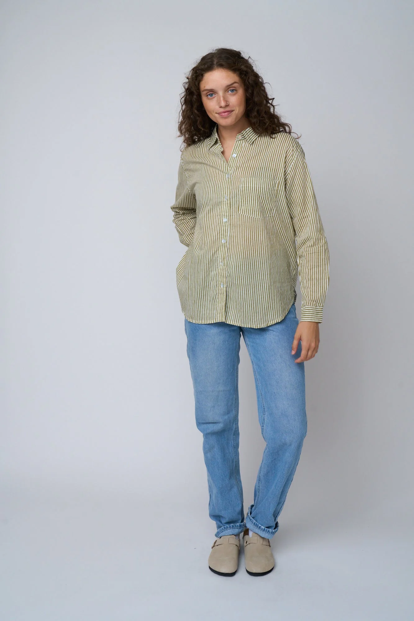 Good Boyfriend Shirt - Menswear Stripe Olive Oil - Image 17