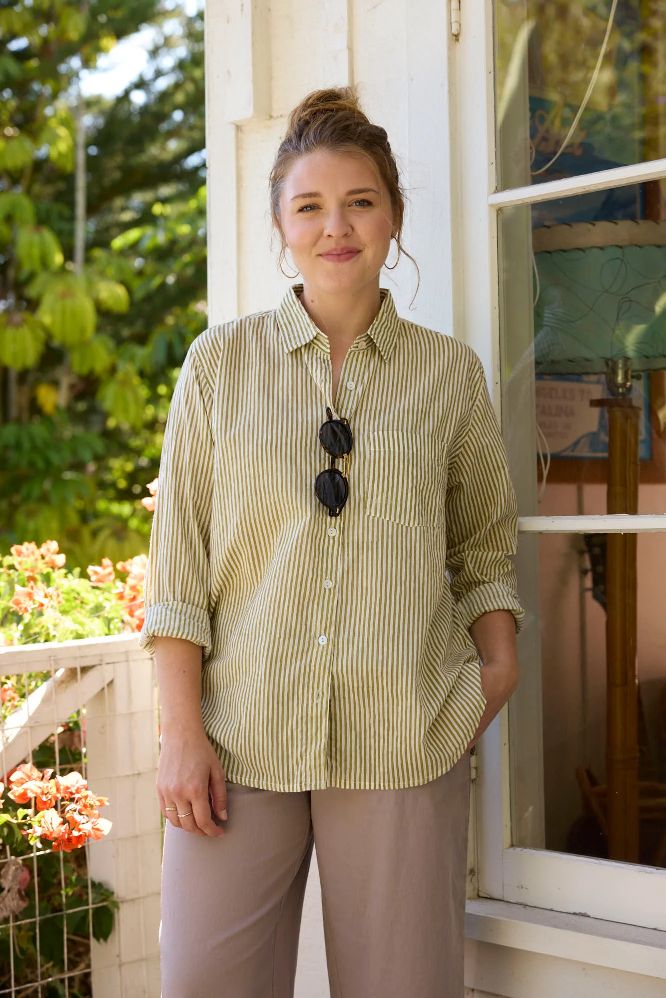 Good Boyfriend Shirt - Menswear Stripe Olive Oil - Image 5