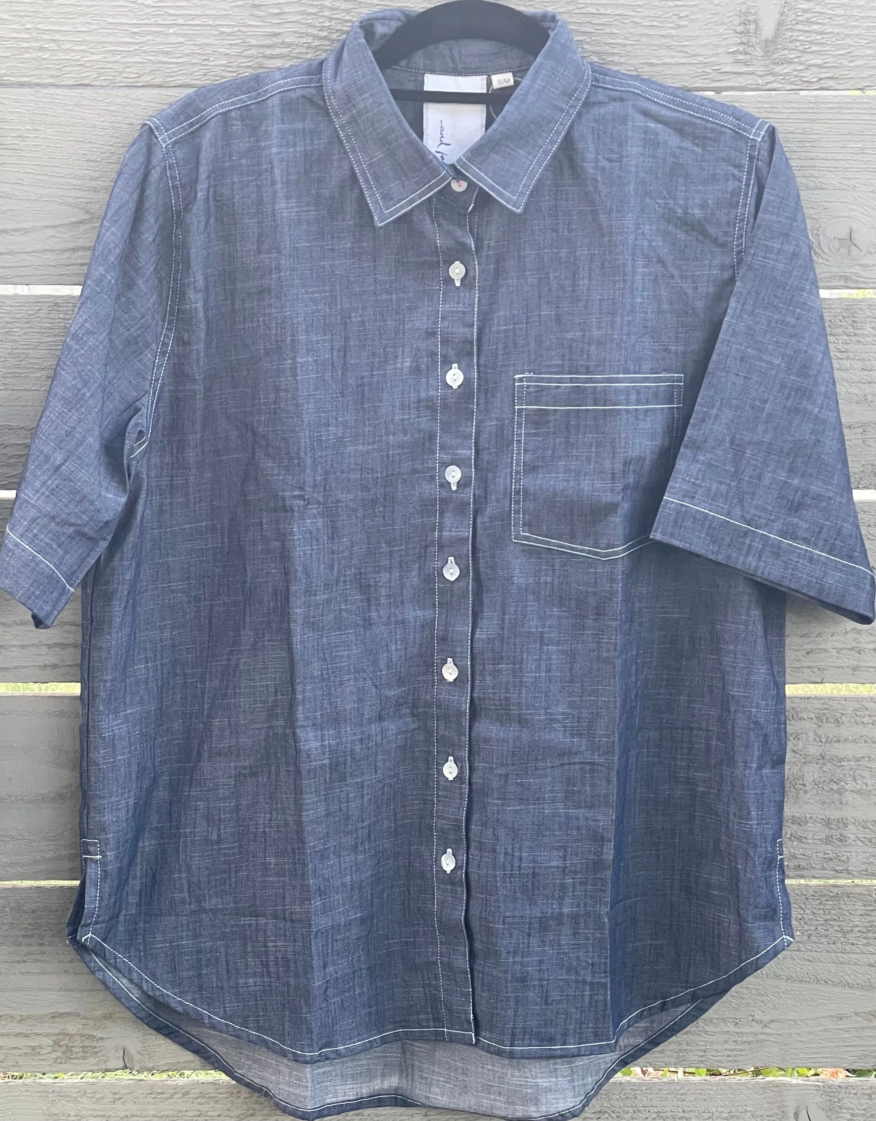 Good Boyfriend Shirt - Short Sleeve Chambray Dark Denim Wash - Image 6