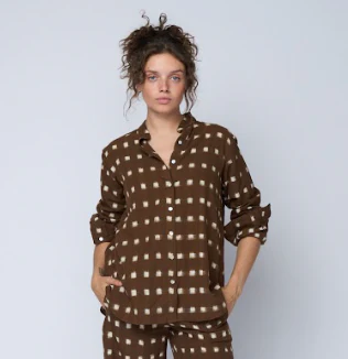 Good Boyfriend Shirt with Mandarin Collar - Ikat Squares Mocha - Image 2