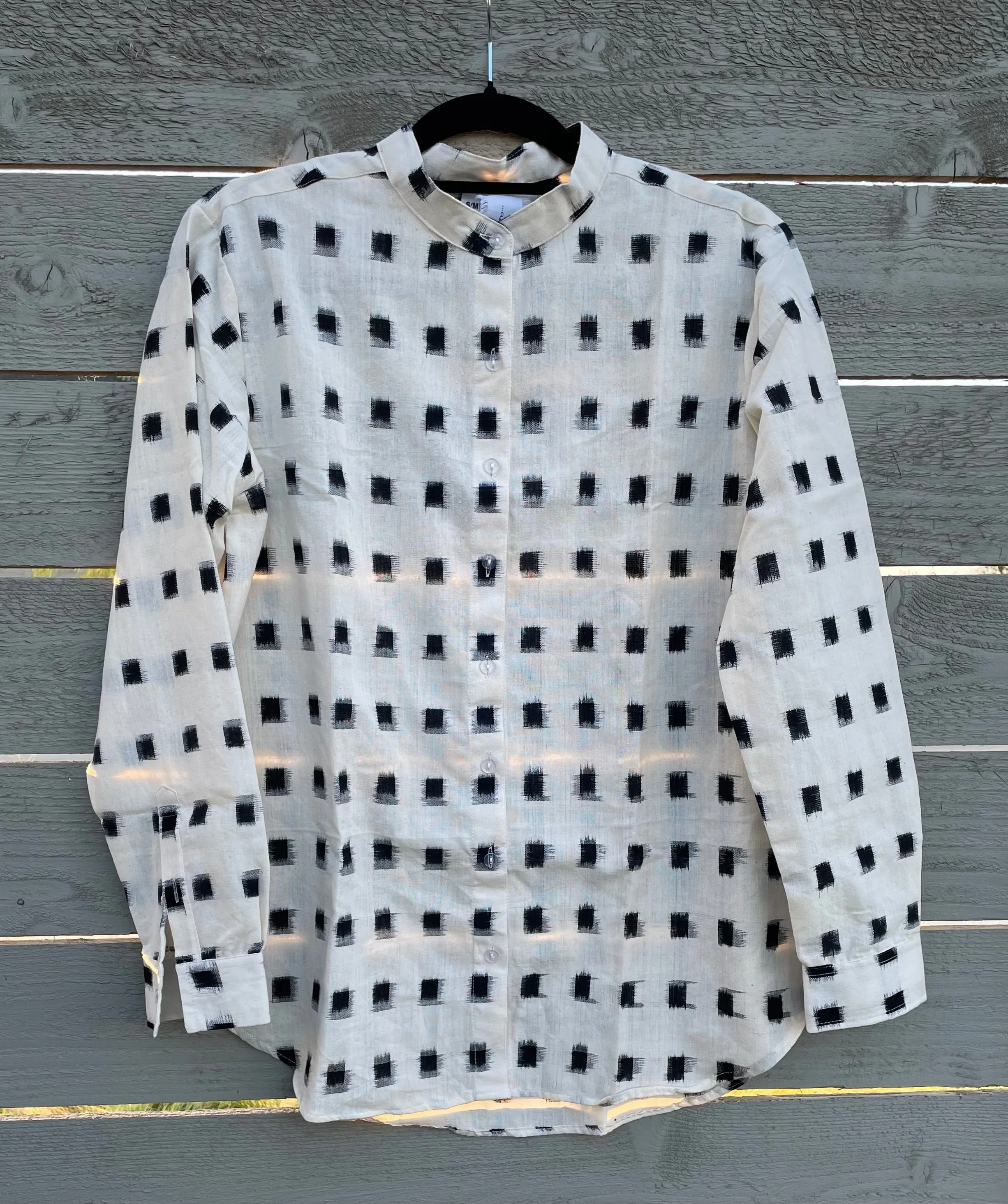 Good Boyfriend Shirt with Mandarin Collar - Ikat Squares Natural Black - Image 5