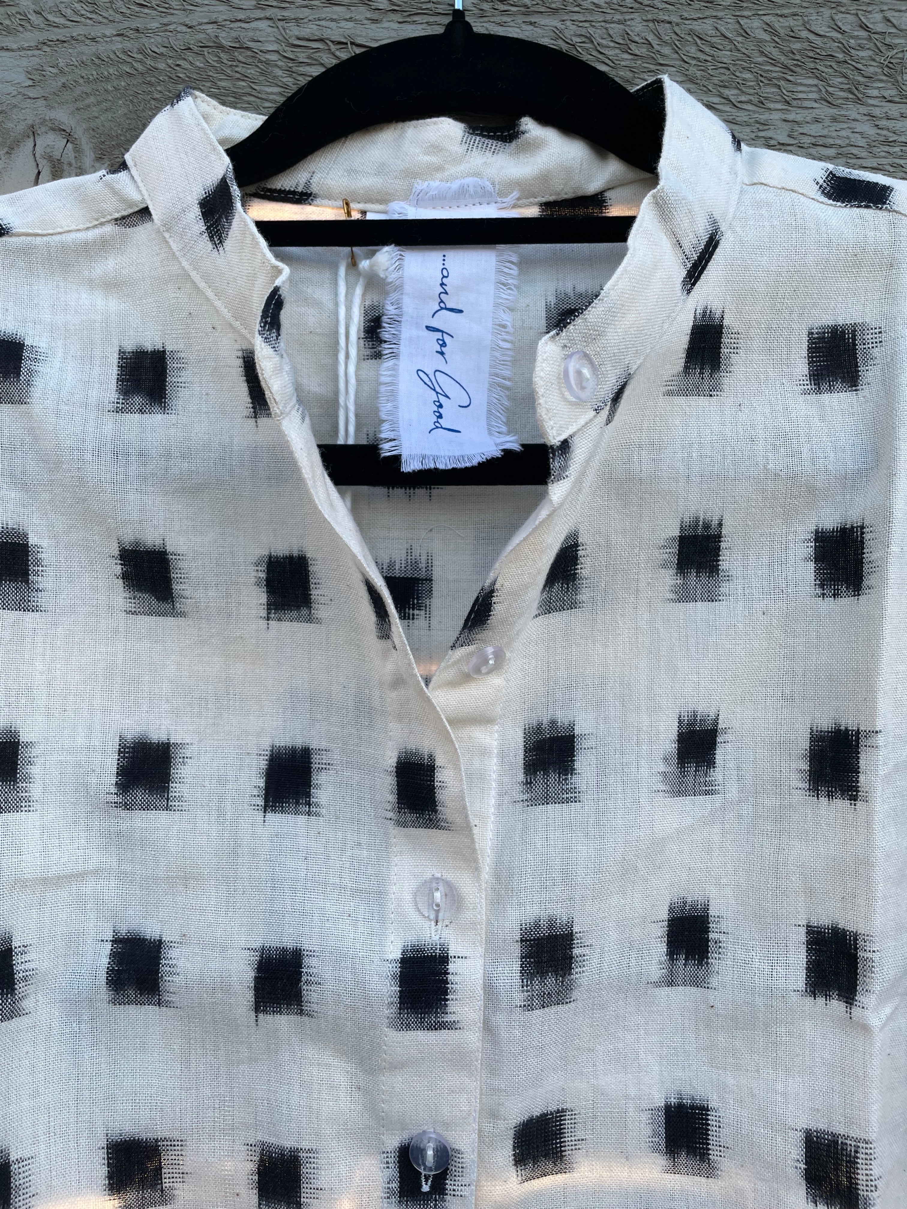 Good Boyfriend Shirt with Mandarin Collar - Ikat Squares Natural Black - Image 6
