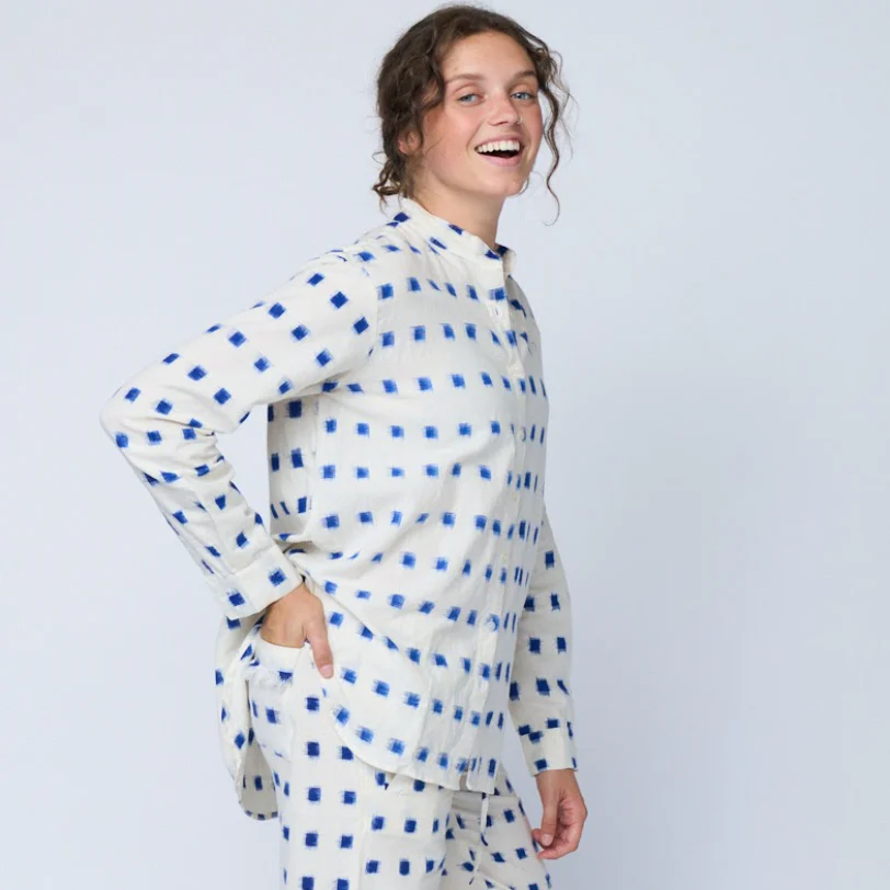 Good Boyfriend Shirt with Mandarin Collar - Ikat Squares Natural Cobalt - Image 2
