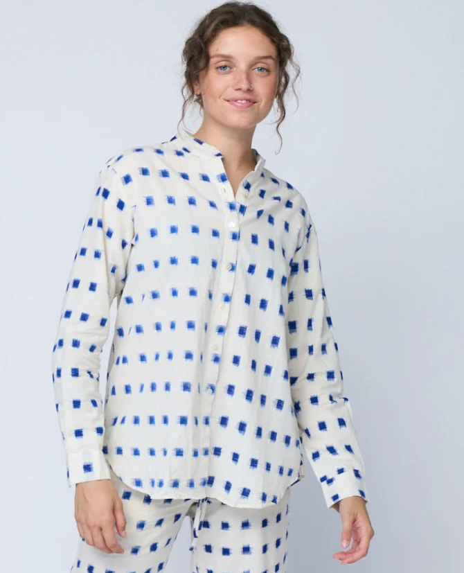 Good Boyfriend Shirt with Mandarin Collar - Ikat Squares Natural Cobalt - Image 3