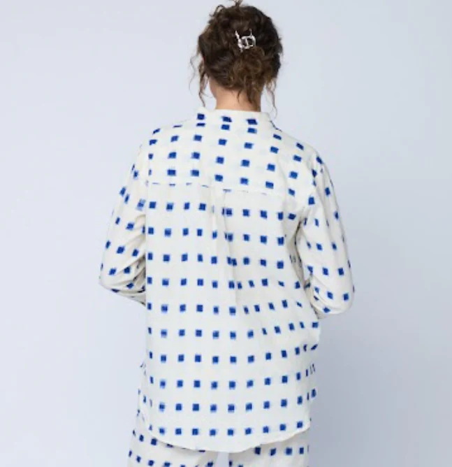 Good Boyfriend Shirt with Mandarin Collar - Ikat Squares Natural Cobalt - Image 4
