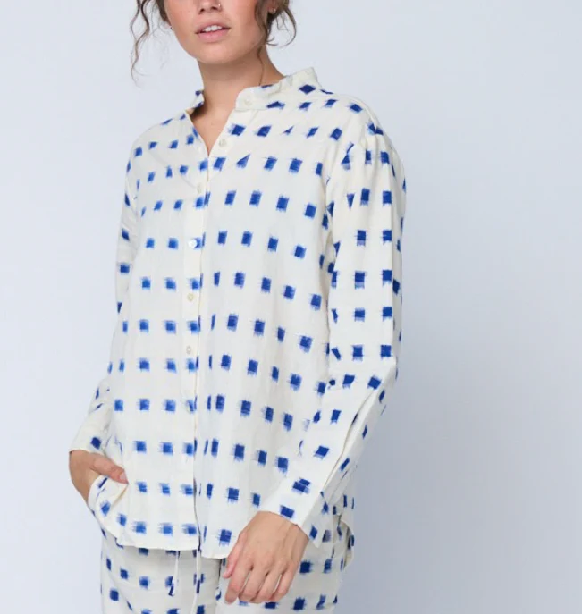 Good Boyfriend Shirt with Mandarin Collar - Ikat Squares Natural Cobalt - Image 5