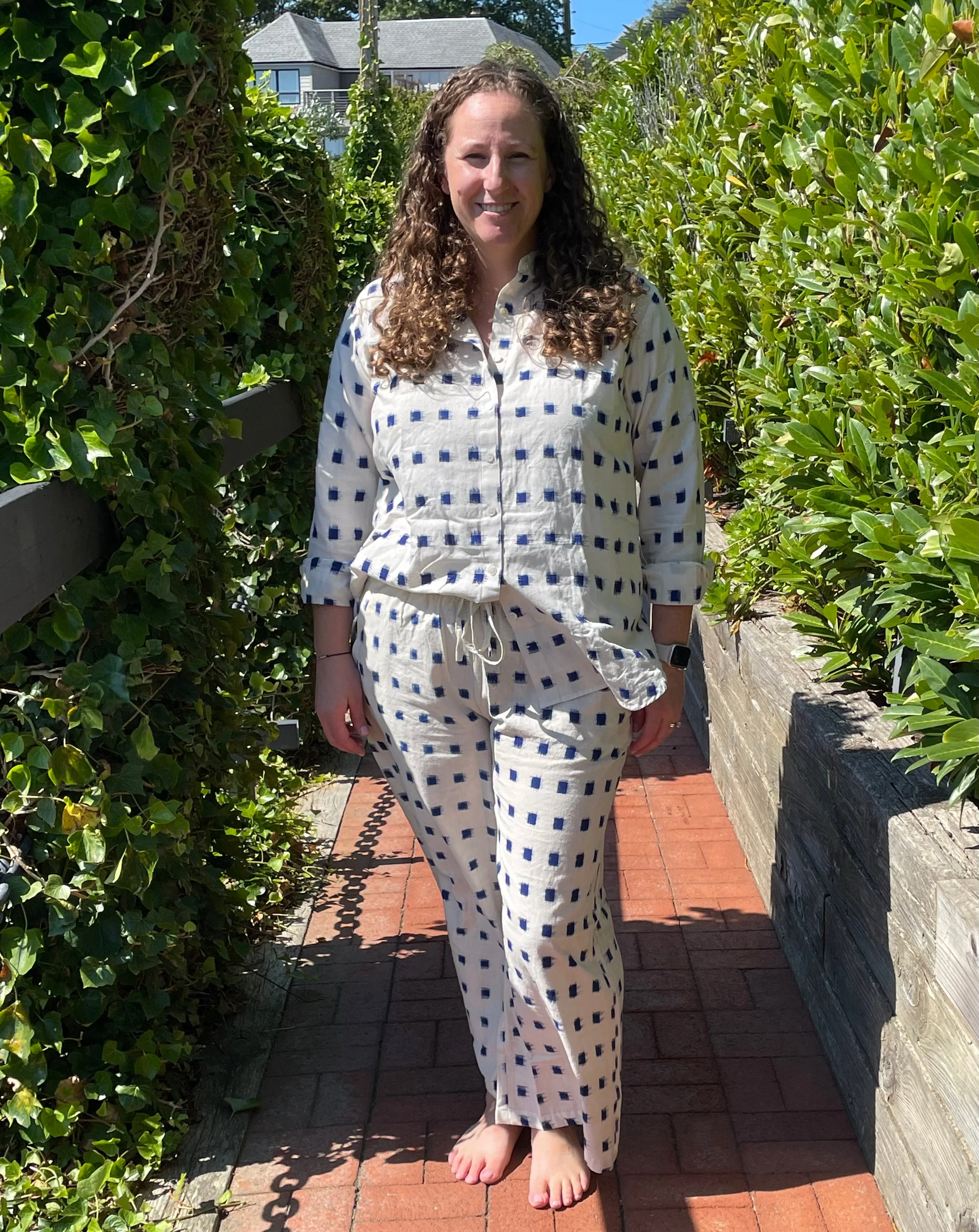 Good Boyfriend Shirt with Mandarin Collar - Ikat Squares Natural Cobalt - Image 9