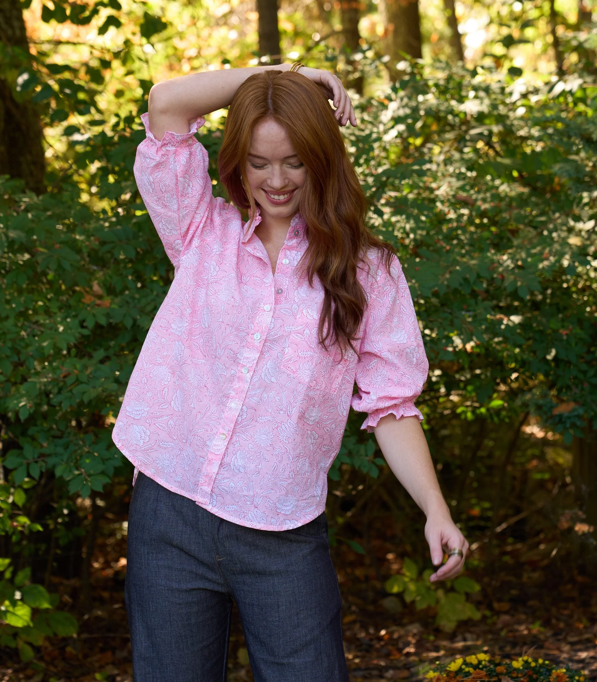 Good Girlfriend Shirt with Ruffle Trim Floral Escape Tickled Pink/Rose - Image 2
