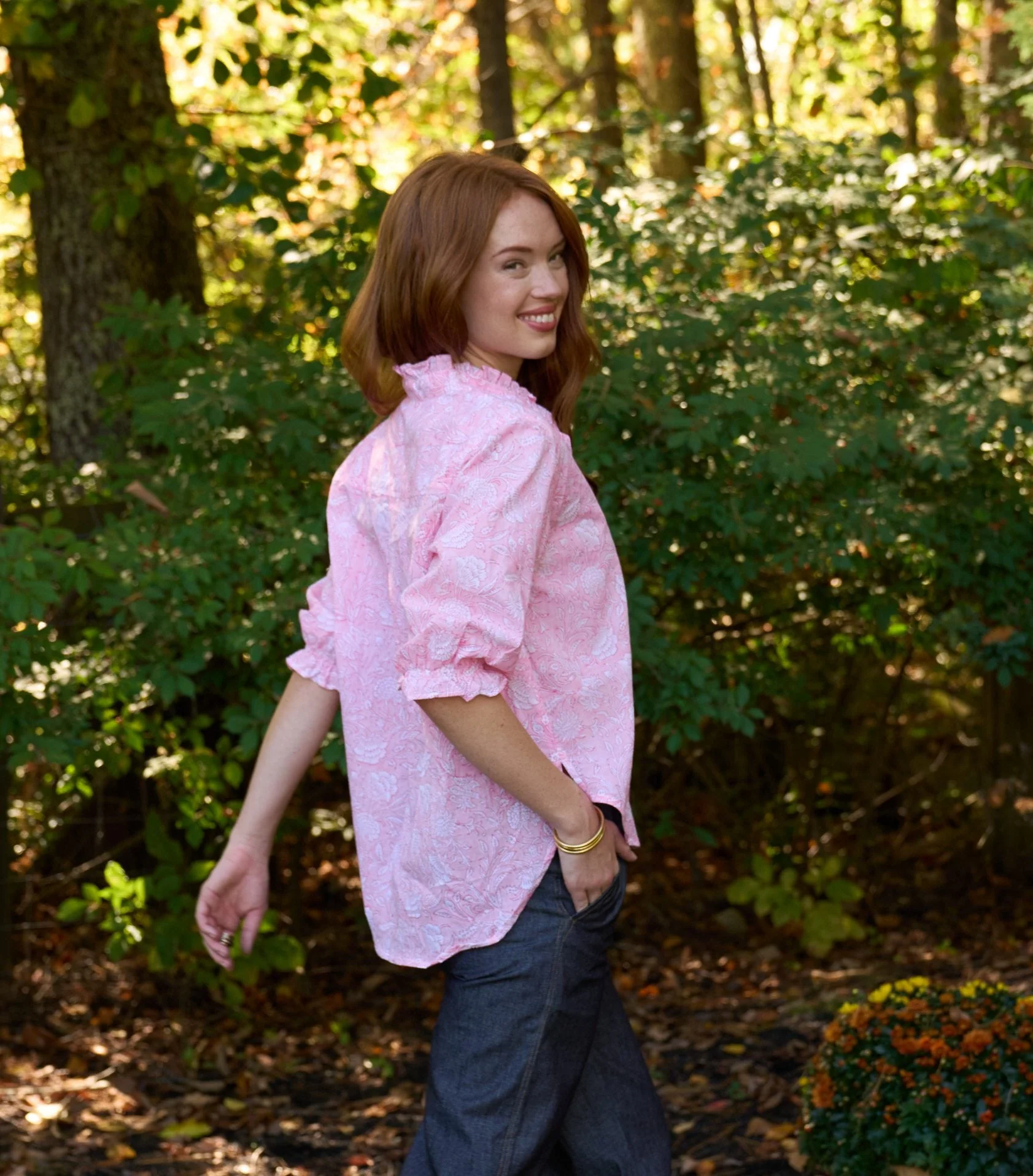 Good Girlfriend Shirt with Ruffle Trim Floral Escape Tickled Pink/Rose - Image 3