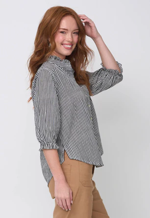 Good Girlfriend Shirt with Ruffle Trim Menswear Stripe Black - Image 2