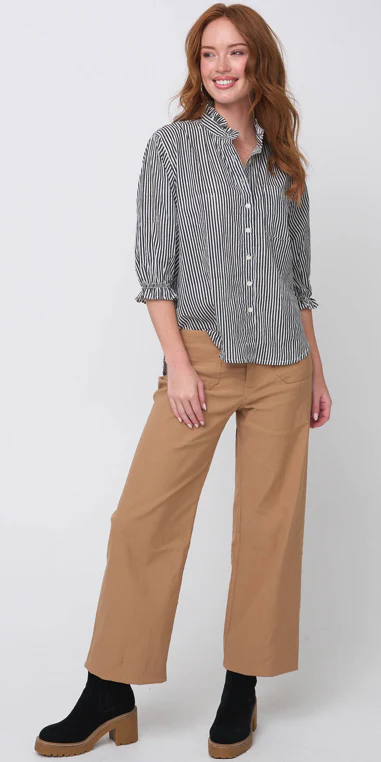 Good Girlfriend Shirt with Ruffle Trim Menswear Stripe Black - Image 4