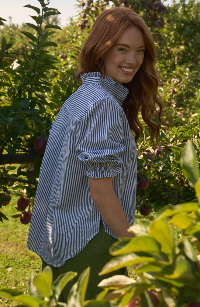 Good Girlfriend Shirt with Ruffle Trim Menswear Stripe Coastal Blue - Image 2