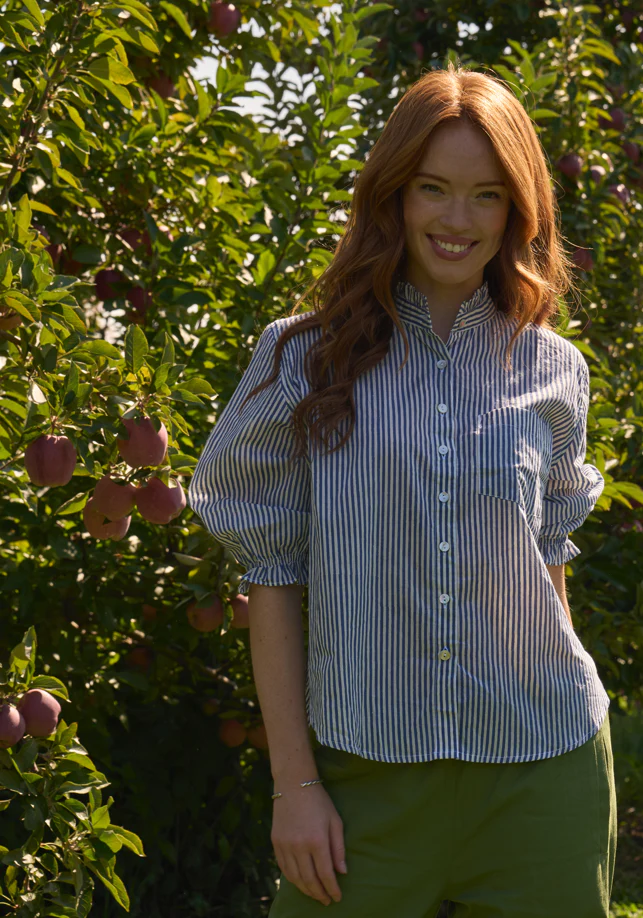 Good Girlfriend Shirt with Ruffle Trim Menswear Stripe Coastal Blue - Image 4