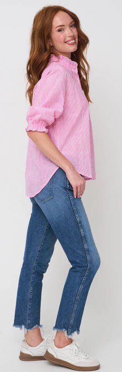 Good Girlfriend Shirt with Ruffle Trim Menswear Stripe Dahlia - Image 3