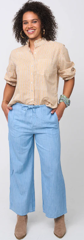 Good Girlfriend Shirt with Ruffle Trim Menswear Stripe Honeycomb - Image 3
