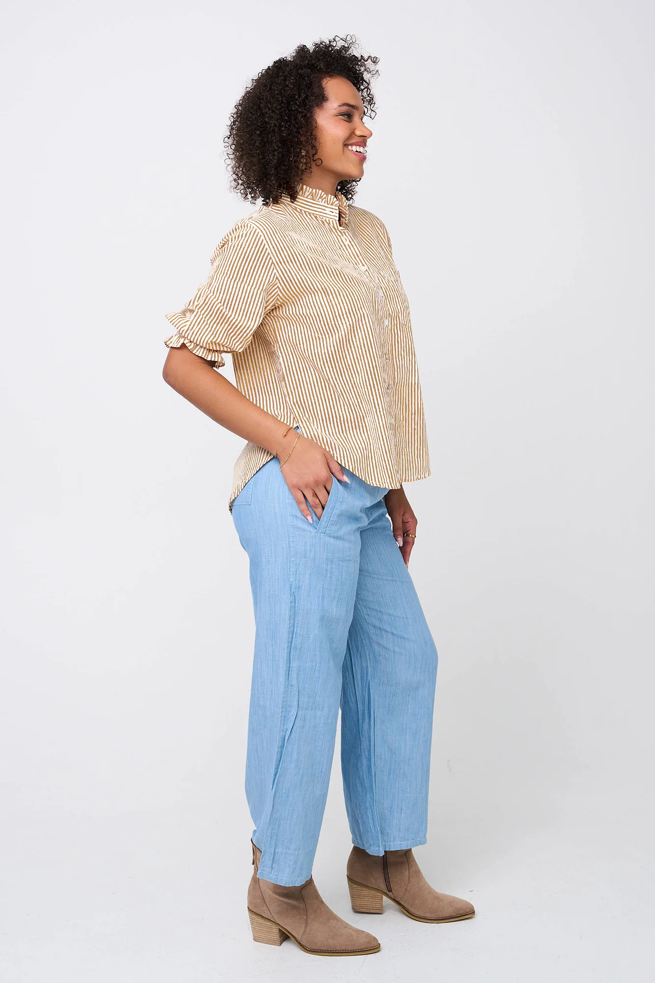 Good Girlfriend Shirt with Ruffle Trim Menswear Stripe Mocha - Image 2