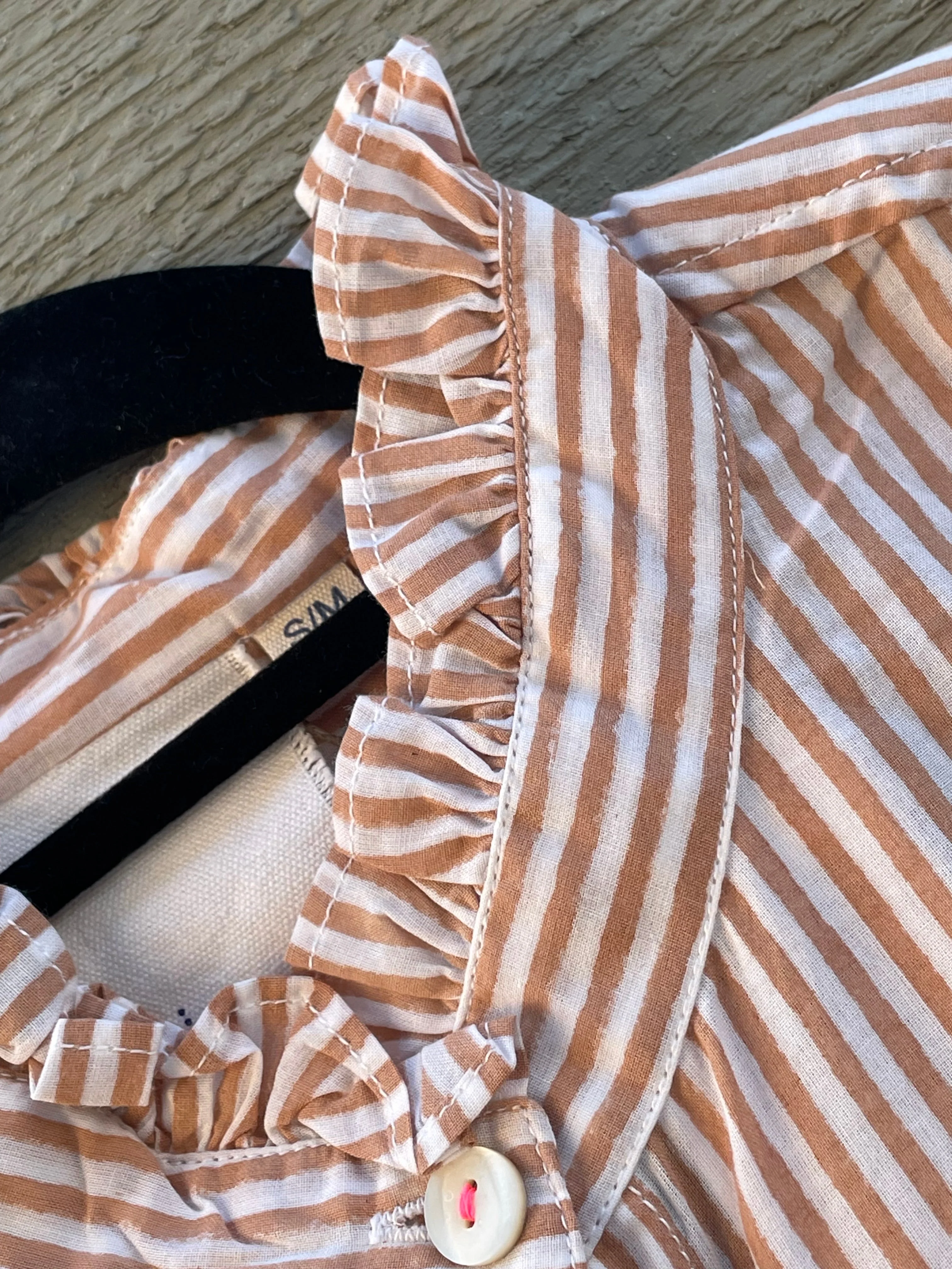 Good Girlfriend Shirt with Ruffle Trim Menswear Stripe Mocha - Image 4