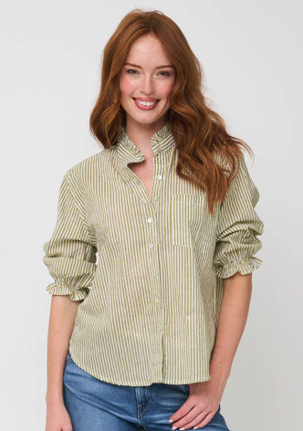 Good Girlfriend Shirt with Ruffle Trim Menswear Stripe Olive - Image 2