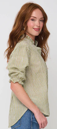 Good Girlfriend Shirt with Ruffle Trim Menswear Stripe Olive - Image 3