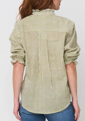 Good Girlfriend Shirt with Ruffle Trim Menswear Stripe Olive - Image 5