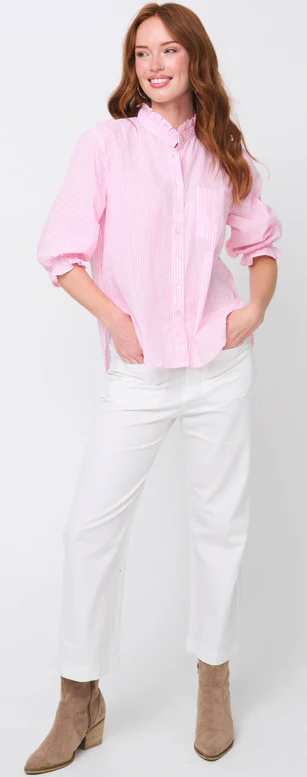 Good Girlfriend Shirt with Ruffle Trim Menswear Stripe Tickled Pink - Image 2