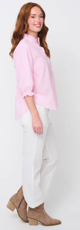Good Girlfriend Shirt with Ruffle Trim Menswear Stripe Tickled Pink - Image 3