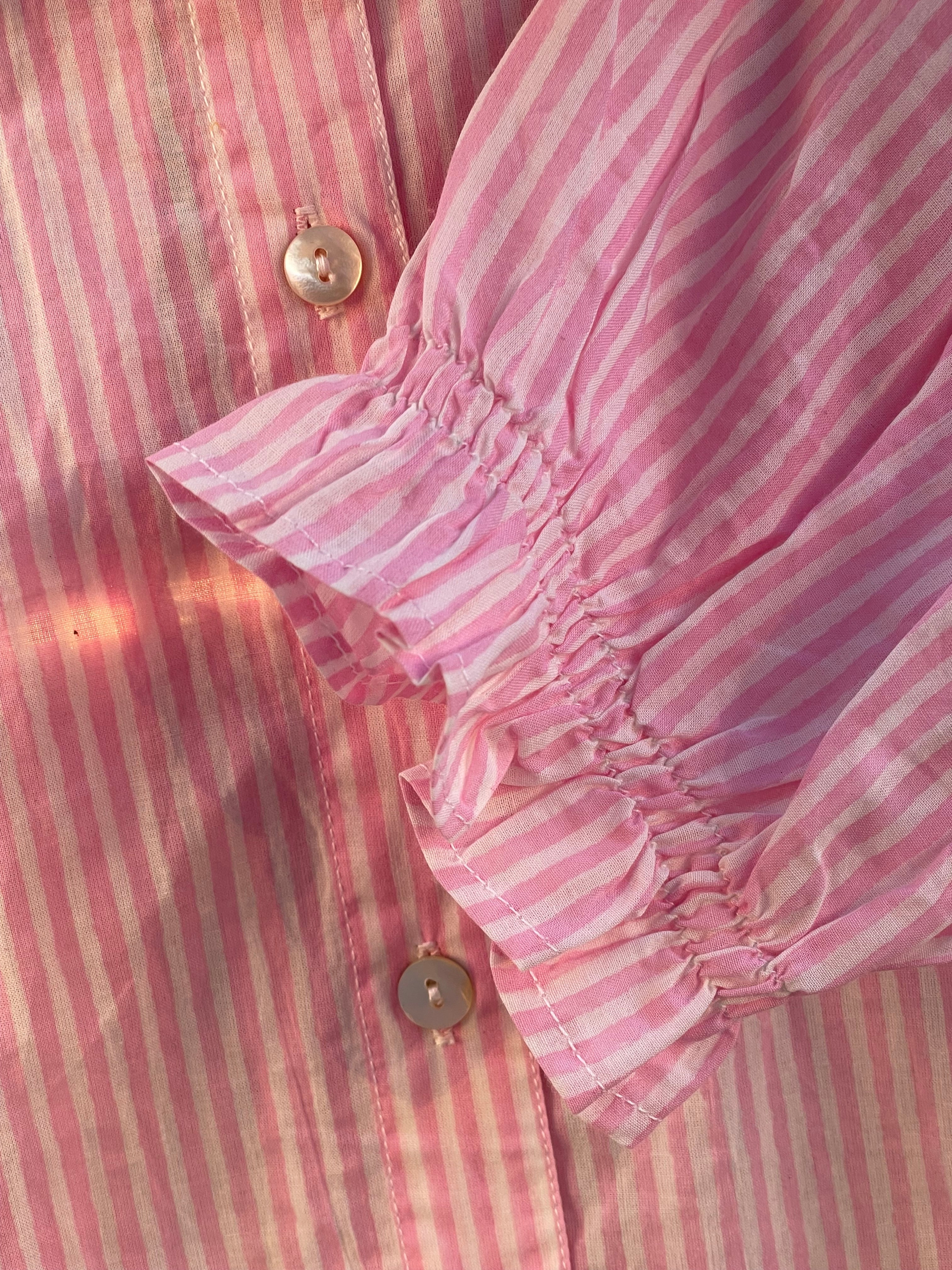 Good Girlfriend Shirt with Ruffle Trim Menswear Stripe Tickled Pink - Image 5