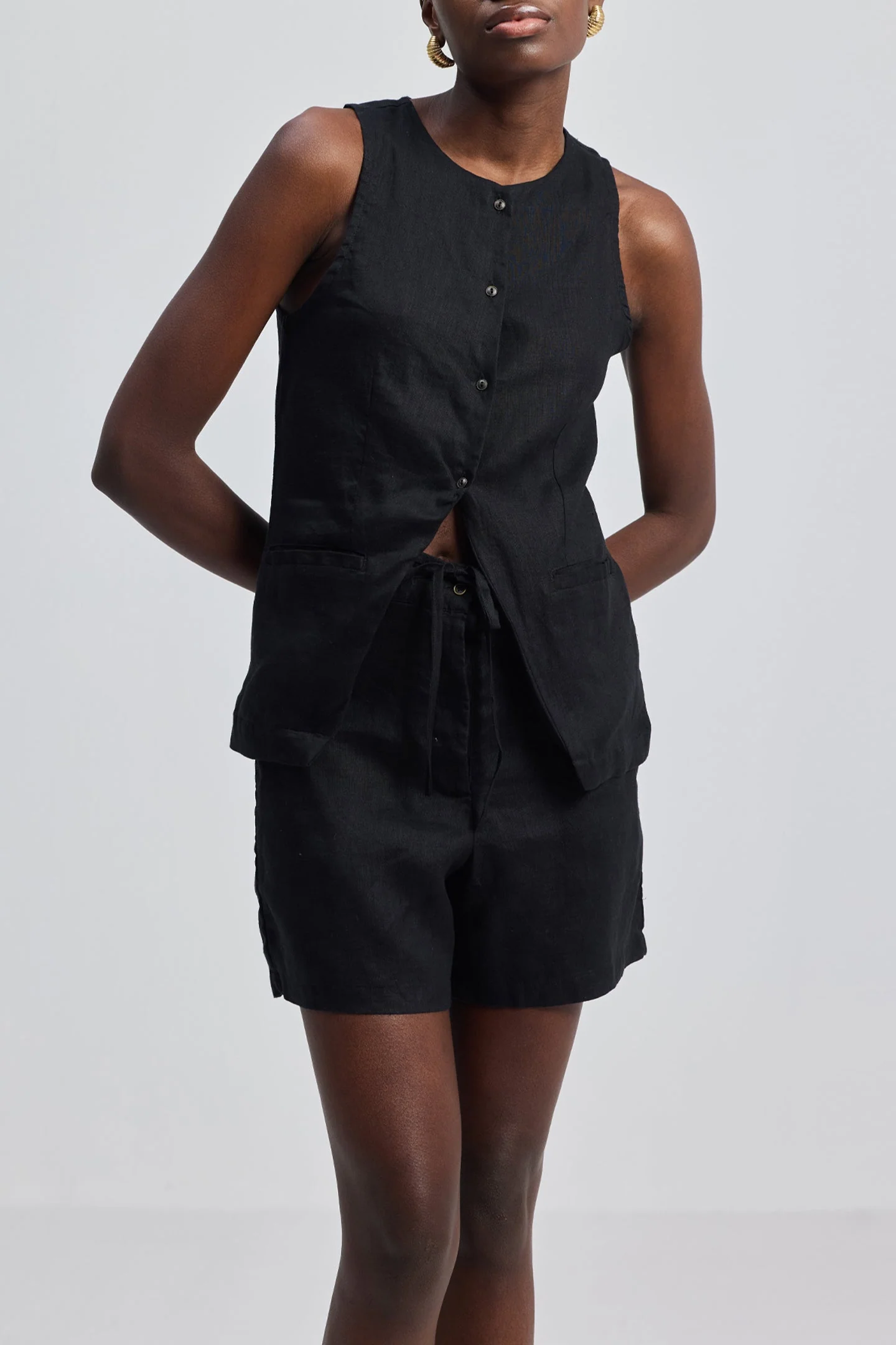 Hemp Vest Jacket Set in Black
