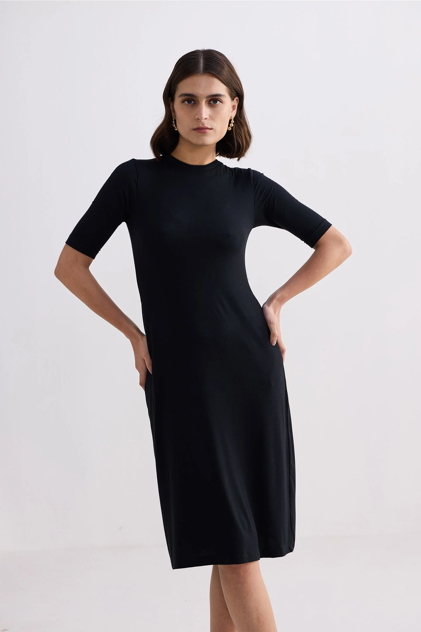 High Crew Neck Elbow Sleeves Fitted Dress in Black - Image 10