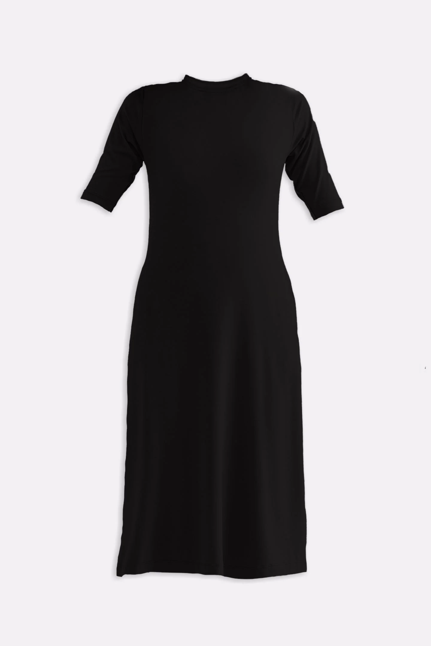 High Crew Neck Elbow Sleeves Fitted Dress in Black - Image 11