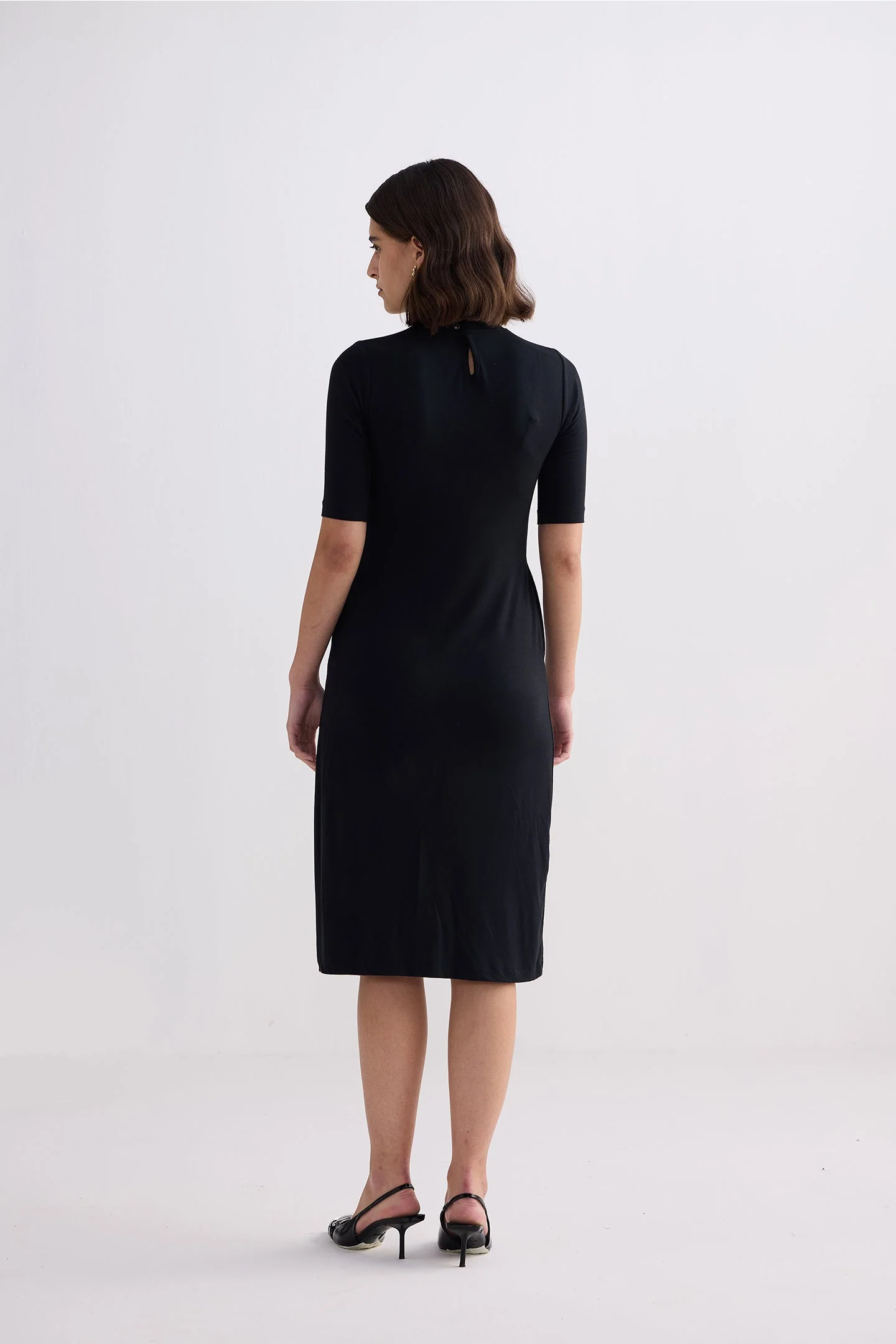 High Crew Neck Elbow Sleeves Fitted Dress in Black - Image 2