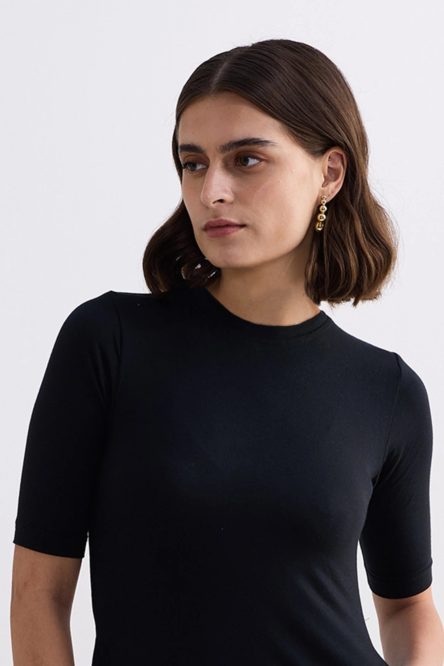 High Crew Neck Elbow Sleeves Fitted Dress in Black - Image 3
