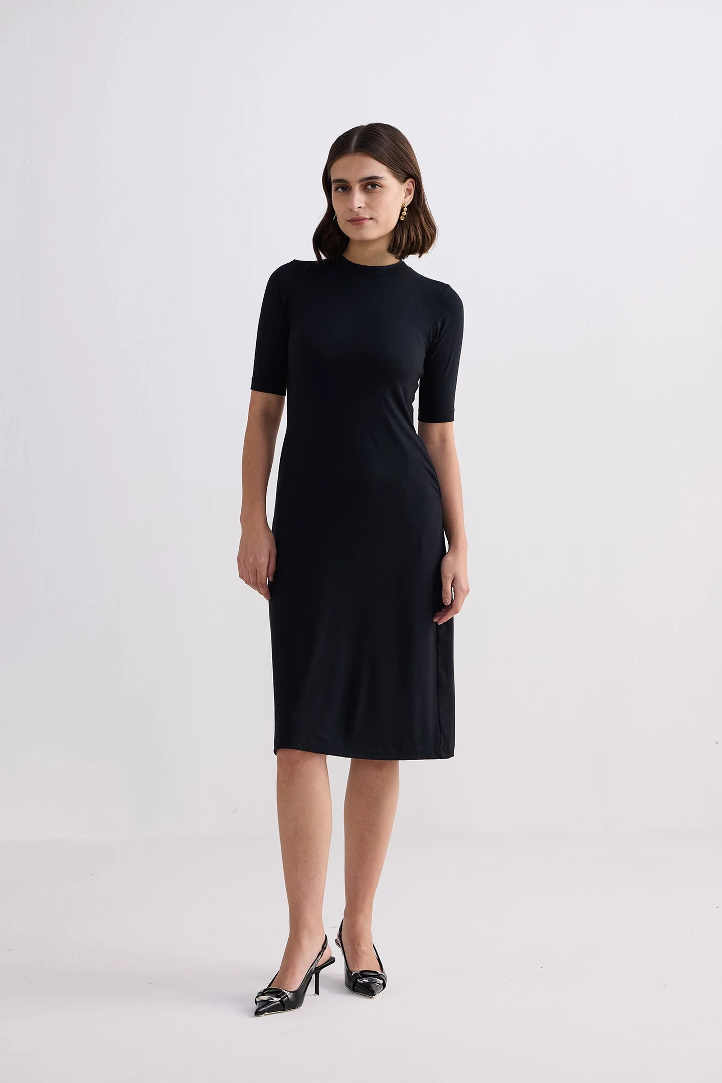 High Crew Neck Elbow Sleeves Fitted Dress in Black - Image 4