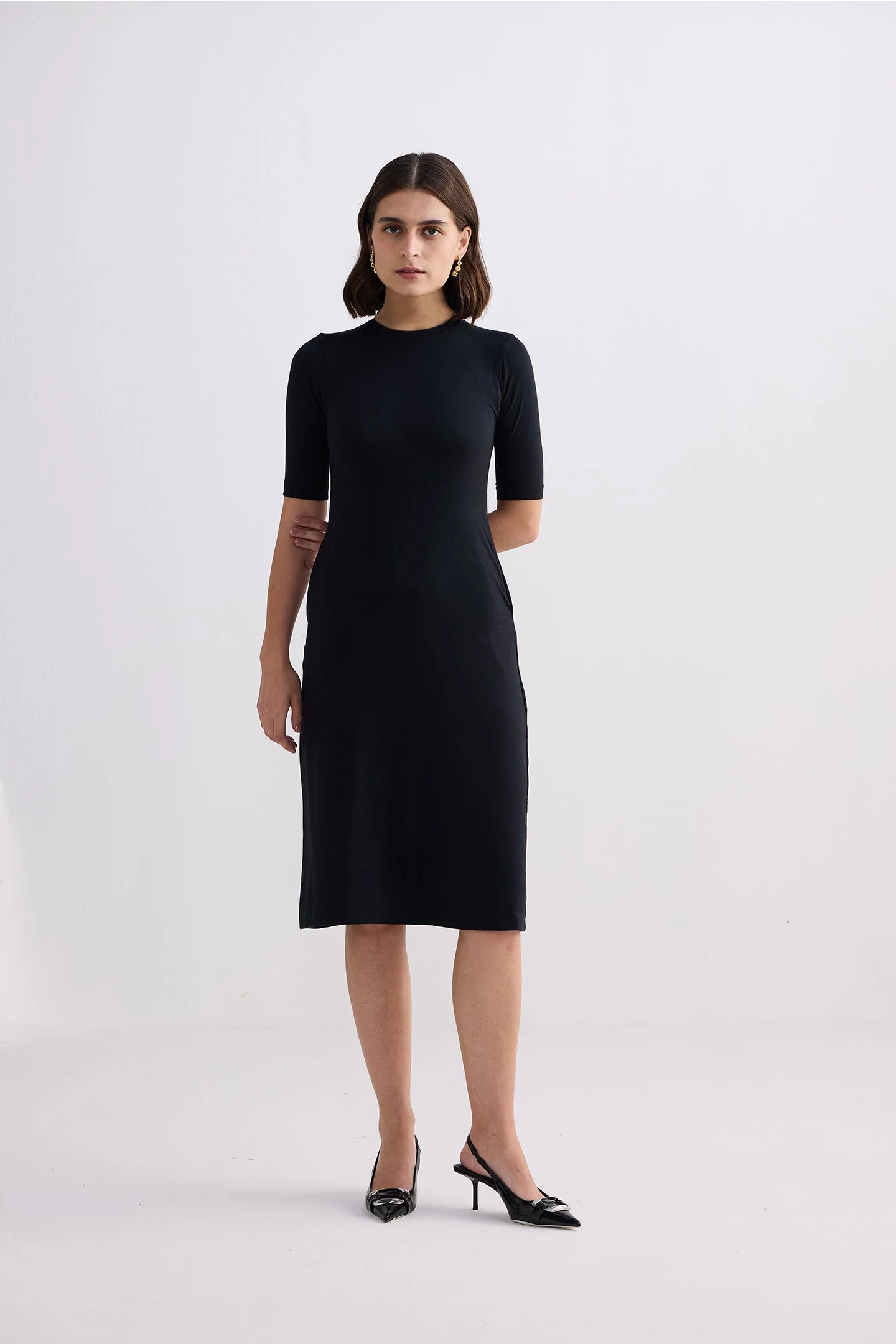 High Crew Neck Elbow Sleeves Fitted Dress in Black - Image 5