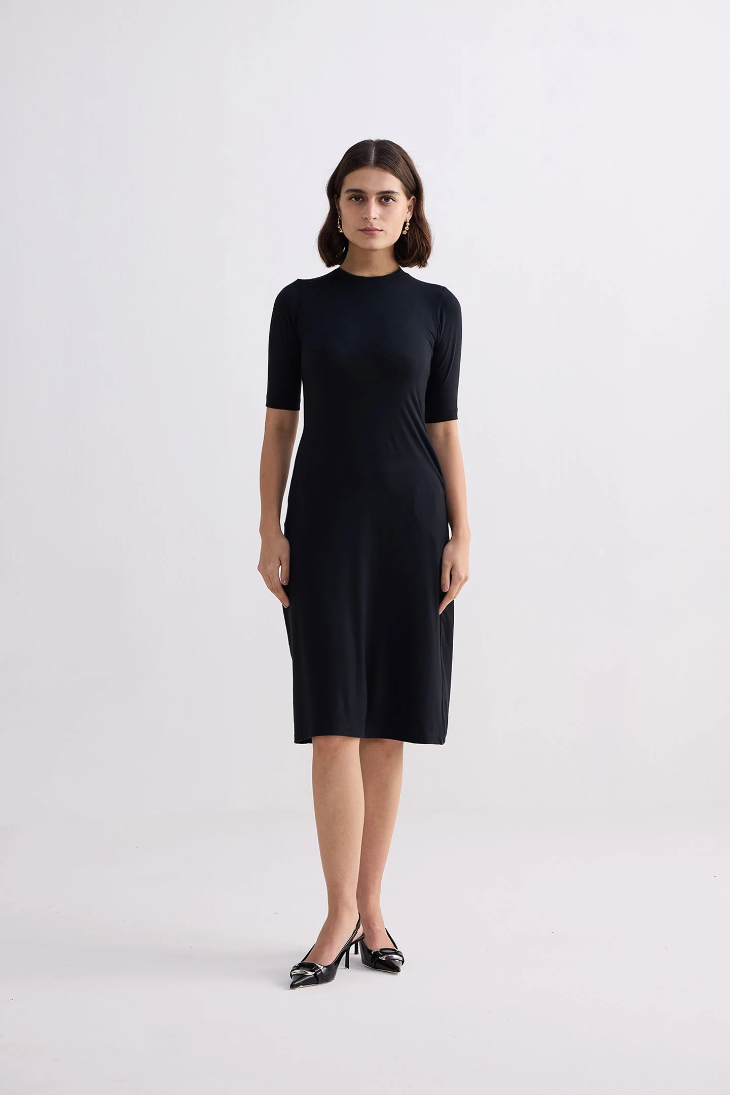 High Crew Neck Elbow Sleeves Fitted Dress in Black - Image 6