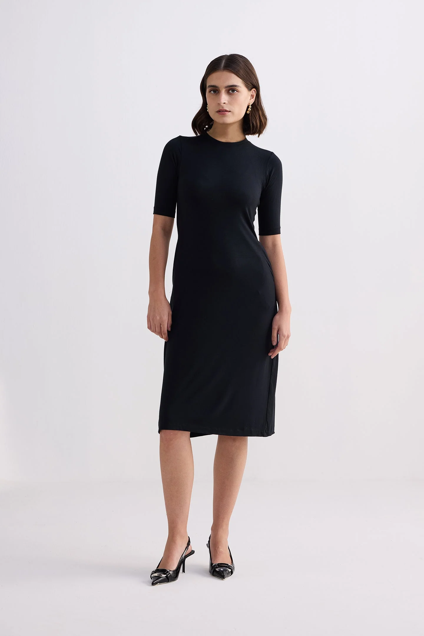High Crew Neck Elbow Sleeves Fitted Dress in Black - Image 7