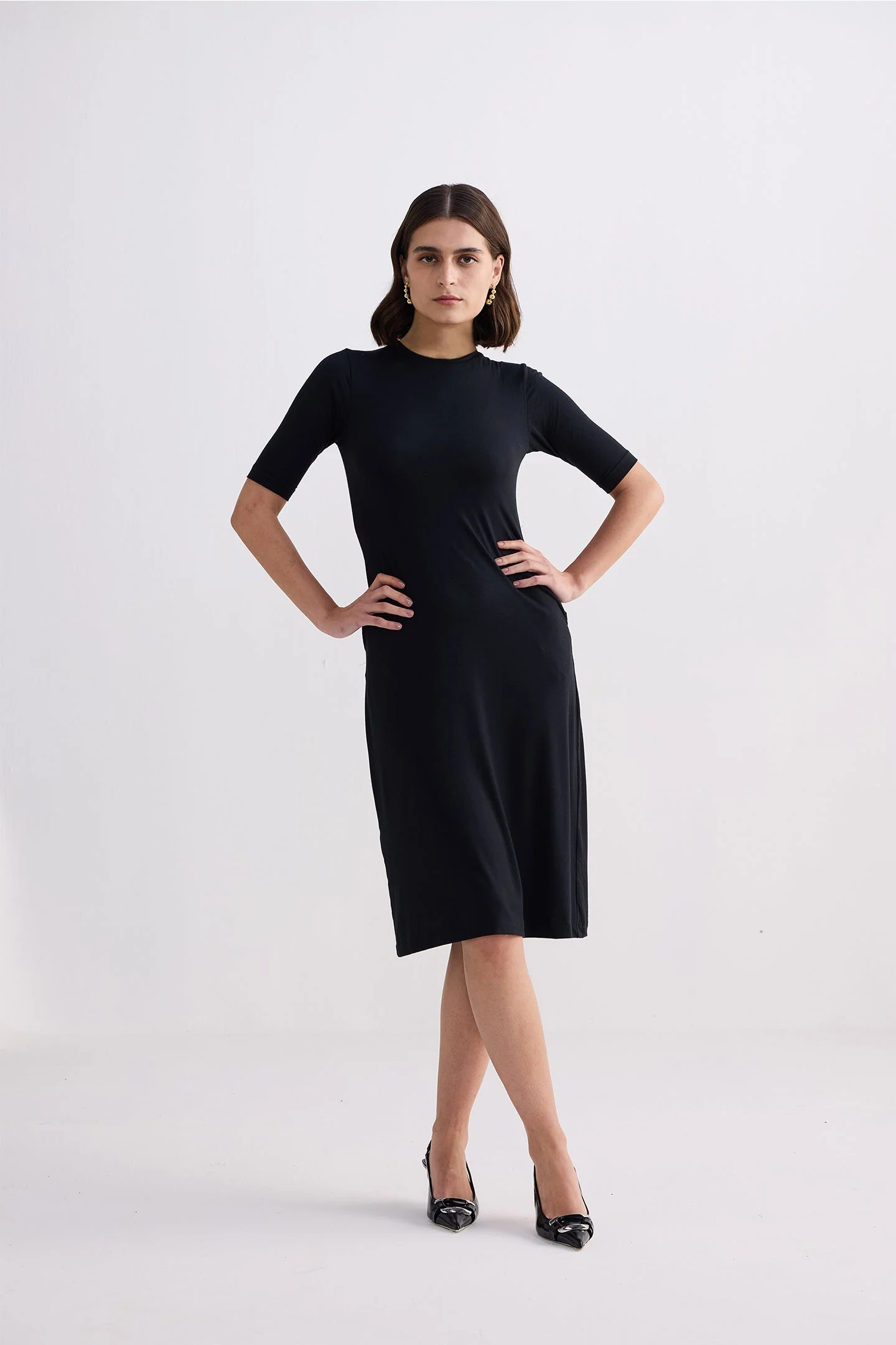 High Crew Neck Elbow Sleeves Fitted Dress in Black - Image 8