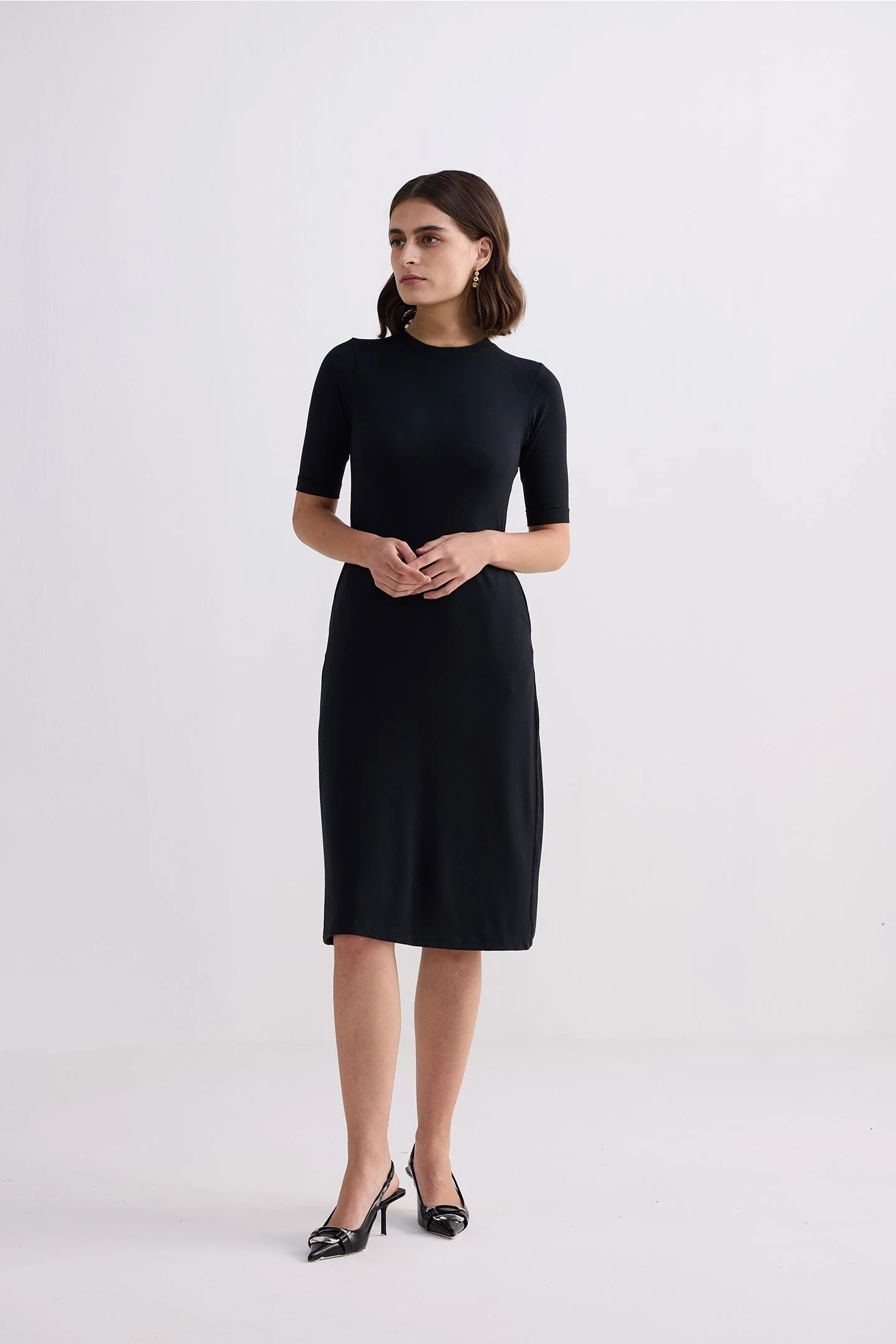 High Crew Neck Elbow Sleeves Fitted Dress in Black - Image 9